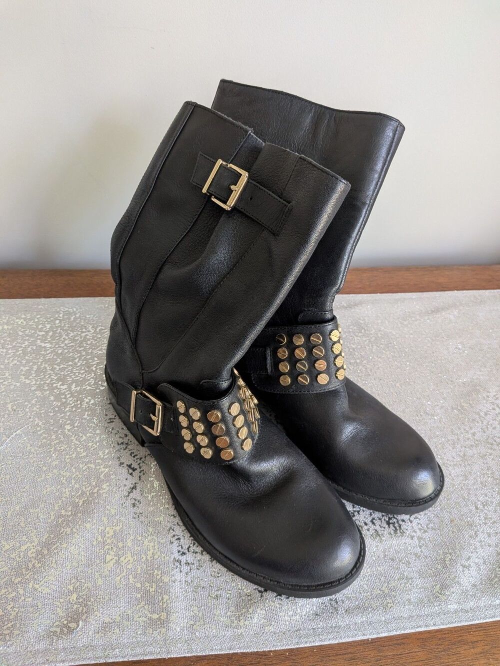Jessica Simpson Boots Women's 8 Black Leather 9" Shafts Pull-on Studs Western